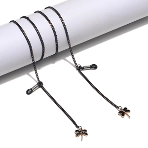 Fashionable bronze glasses chain featuring black dragonfly pendants and secure rubber loops