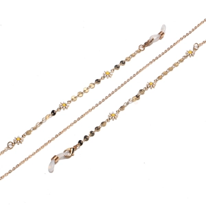 Golden handmade glasses chain with white daisy pendants and polished metal discs