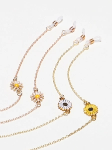 Two-piece gold daisy eyewear chains with colorful sunflower pendants and silicone loops