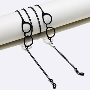Black anti-slip metal eyeglass chain featuring miniature glasses-shaped charms
