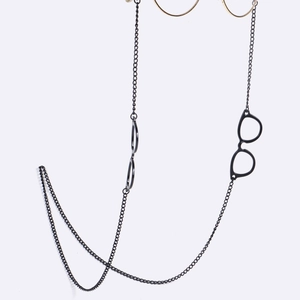 Black anti-slip metal eyeglass chain featuring decorative black frame eyewear pendants