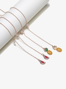 Set of four gold-tone eyewear chains featuring red watermelon and pineapple fruit pendants