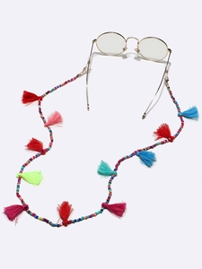 Handmade colorful beaded eyewear chain with multi-colored tassels and golden metal clasps