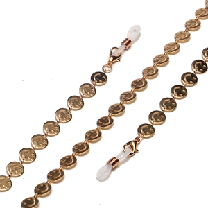Goldene Brillenkette mit Smiley-Gliedern, Metallringen und weißen rutschfesten Gummischlaufen
