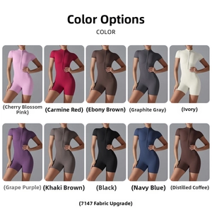 Short sleeve zipper yoga rompers available in 10 diverse colors style 7147