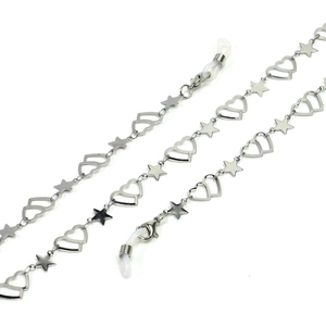 Silver stainless steel eyeglass chain with heart and star charms and anti-slip hooks
