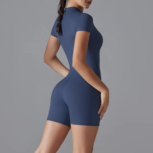 Detailed back view of a navy blue slim-fit yoga bodysuit with contour stitching