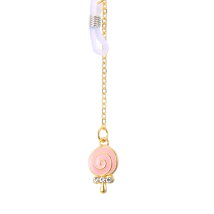 Chaîne de lunettes dorée avec pendentif sucette rose et détails en strass brillants