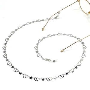 Silver stainless steel chain for glasses with heart and star charms and non-slip loops