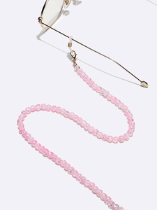 Pink crackle bead eyewear chain with gold clasps and non-slip rubber loops for glasses