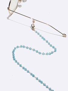 Sky blue crystal beaded eyewear chain with gold lobster clasps and anti-slip rings