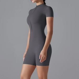 Detail view of the slim fit dark grey yoga bodysuit with a front zipper and high collar