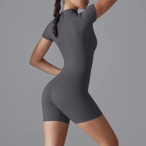 Slim fit dark grey one-piece yoga bodysuit with short sleeves and high elasticity