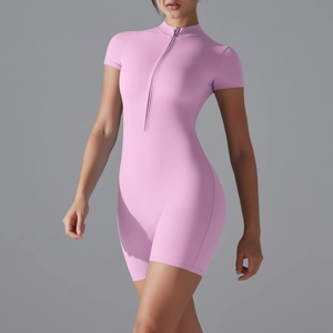 Detail of front zipper closure and stand collar on lavender yoga bodysuit