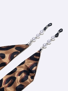 Leopard print ribbon glasses chain with white pearls and silver metal connectors