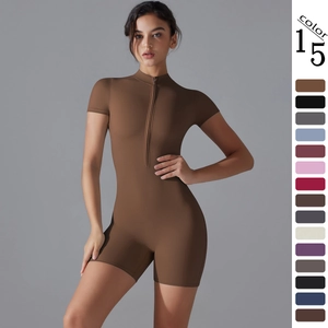 Women's One Piece Short Sleeve Stand Collar Zip Front Athletic Romper High Elastic Tight Fit Yoga Fitness Sport Jumpsuit