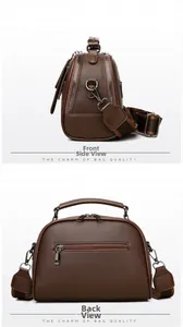Detail views of brown leather bag showing side depth and rear zipper pocket