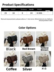 Detailed size chart and multi-color options for the minimalist PU leather shoulder bag