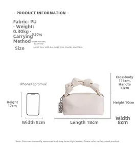 Size chart for chic PU leather mini handbag featuring dimensions and a phone comparison