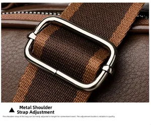 Detail of striped woven shoulder strap with silver metal buckle on brown leather bag