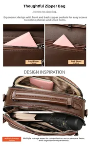 Detail view of brown lychee leather handbag showing dual zippers and multi-compartment interior