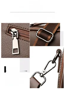 Detail of silver-tone hardware and brown litchi pattern leather on a crossbody bag