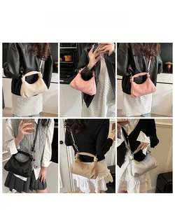 Multiple views of pleated pea-style bags in various colors on a model in home settings