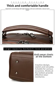 Detail of ergonomic leather handle with fine stitching and metal protective bottom rivets