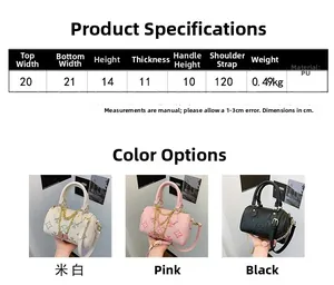 Detailed size chart and parameter list for embossed clover pattern PU shoulder bag