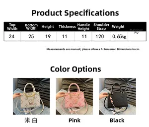 Detailed size chart and three color options for the embossed four-leaf clover handbag