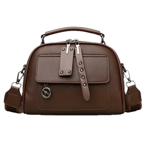 Dark brown leather handbag with lychee texture and adjustable wide shoulder strap