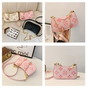 Detailed grid showing embossed clover patterns and chain straps on compact handbags