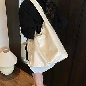 Large cream PU leather hobo tote bag for women, minimalist shoulder bag for commute