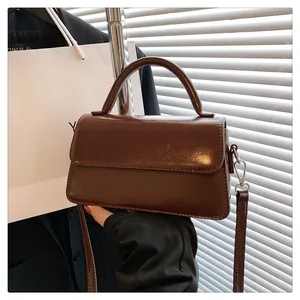 Detail of dark brown vintage matte leather bag with silver hardware and top handle