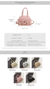 Detailed size chart for pleated PU handbag showing 21x14x7cm dimensions and 5 colors