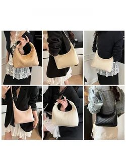 Collage of pleated half-moon hobo bags in various colors showing shoulder and crossbody wear