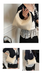 Detailed views of beige pleated dumpling bag showing shoulder and crossbody strap options