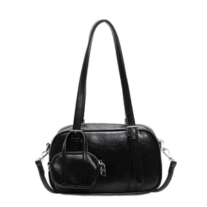 Bolso bowling de cuero PU negro brillante con diseño multibolsillos y mini monedero