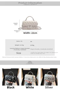Detailed dimensions and specifications for the quilted PU leather chain bag in three colors