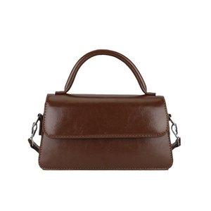 Vintage brown patent leather handbag with minimalist flap and glossy top handle