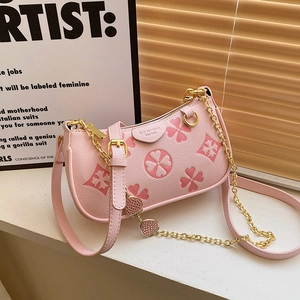 Women Crossbody Bag PU Leather Embossed Four Leaf Clover Floral Pattern Underarm Shoulder Bag Gold Chain Strawberry Pendant