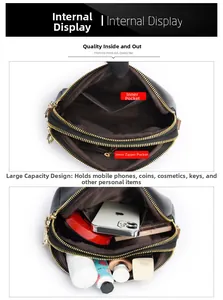 Detail of multi-layer zipper bag showing large capacity with phone and cosmetics