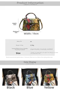Size guide for snake-pattern PU handbag showing dimensions 19x13x7cm and material details