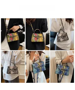 Collage of model wearing faux leather snakeskin Kelly bags in multiple colors and styles