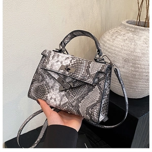 Detail of grey snake print leather mini Kelly bag with charcoal grey metal turn-lock
