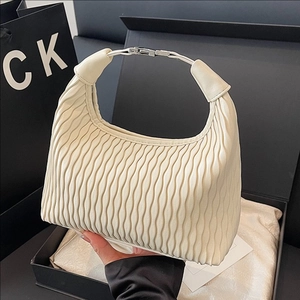 Women Pleated Hobo Underarm Bag PU Leather Wavy Texture Adjustable Strap Shoulder Crossbody Fashion Minimalist