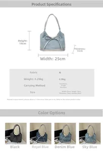 Detailed size and weight specs for denim tote bag with silver handles and bow accent