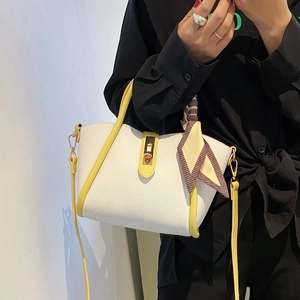 Retro large capacity white leather handbag with yellow trim and floral silk scarf detail