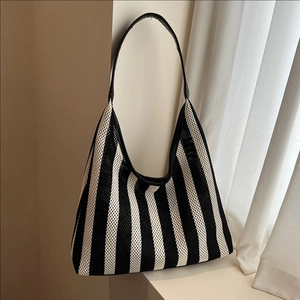 Women Vertical Striped Knitted Tote Bag PU Leather Strap Large Capacity Hobo Shoulder Handbag For Summer Vacation