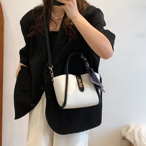 Retro cream white leather tote bag with houndstooth silk scarf and gold lock detail